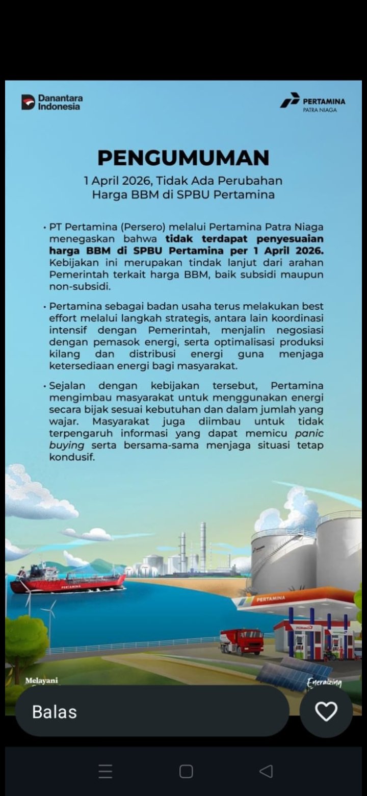 Pertamina Pastikan Harga BBM di SPBU Tetap per 1 APRIL 2026