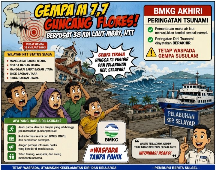 BMKG Akhiri Peringatan Tsunami Gempa M 7,7 NTT, Warga Pesisir Selayar Diminta Tetap Waspada