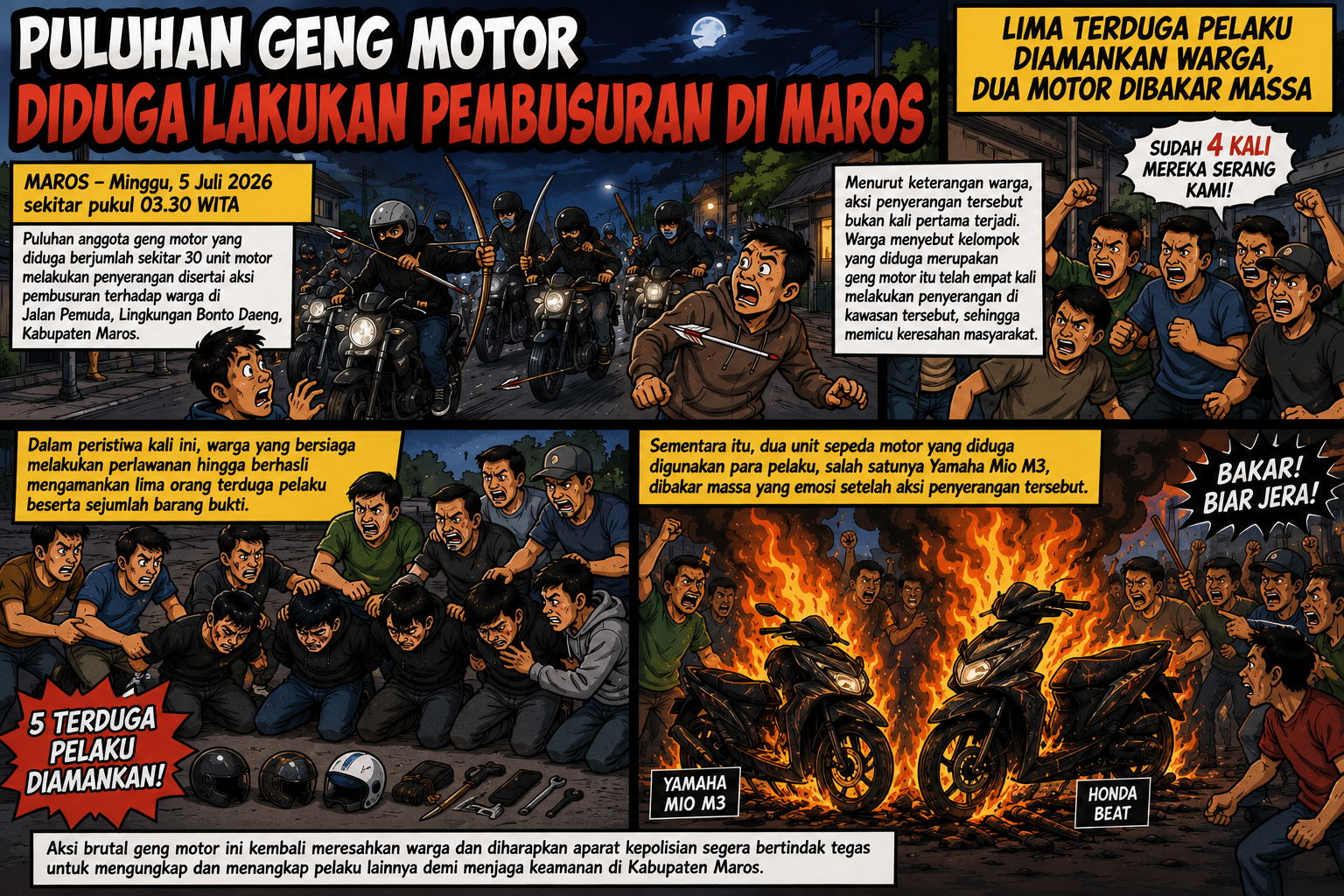 Puluhan Geng Motor Diduga Lakukan Pembusuran di Maros, Lima Terduga Pelaku Diamankan Warga, Dua Motor Dibakar Massa