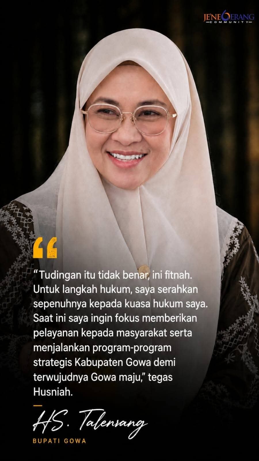 Bupati Gowa Husniah Talenrang Tegaskan Isu Perselingkuhan Adalah Fitnah